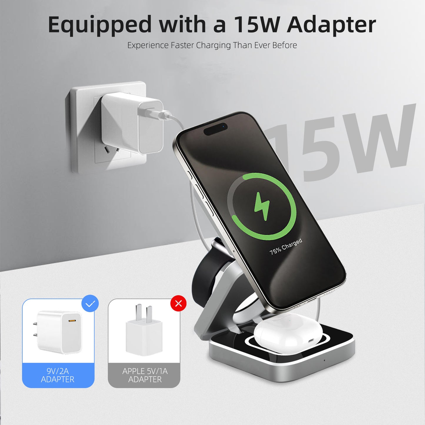 Support de chargeur magnétique sans fil, station de charge rapide pour iPone 15 14 13 12 Pro Max 8 X iWatch 8 7 6 Airpods Pro, 30W, 3 en 1