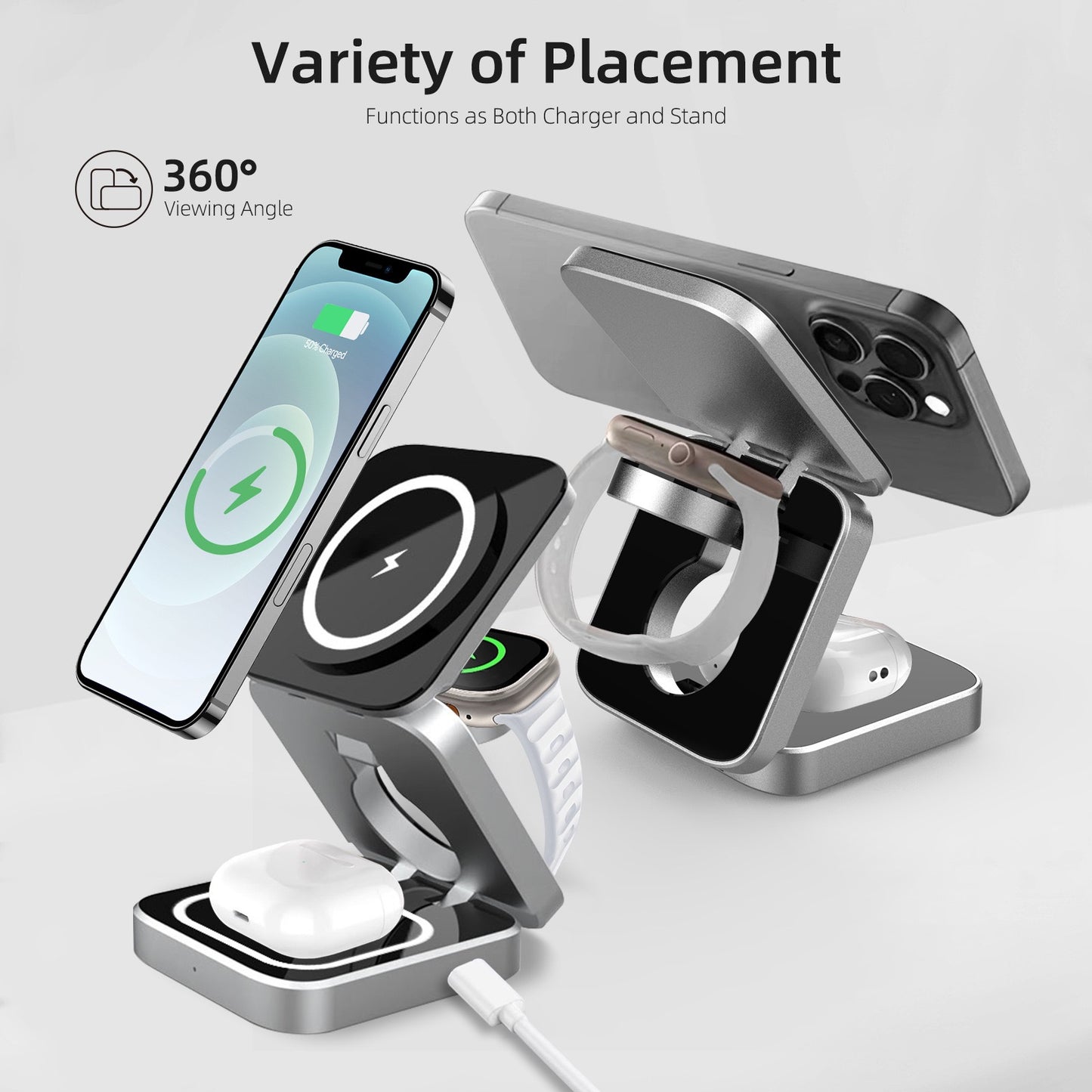 Support de chargeur magnétique sans fil, station de charge rapide pour iPone 15 14 13 12 Pro Max 8 X iWatch 8 7 6 Airpods Pro, 30W, 3 en 1