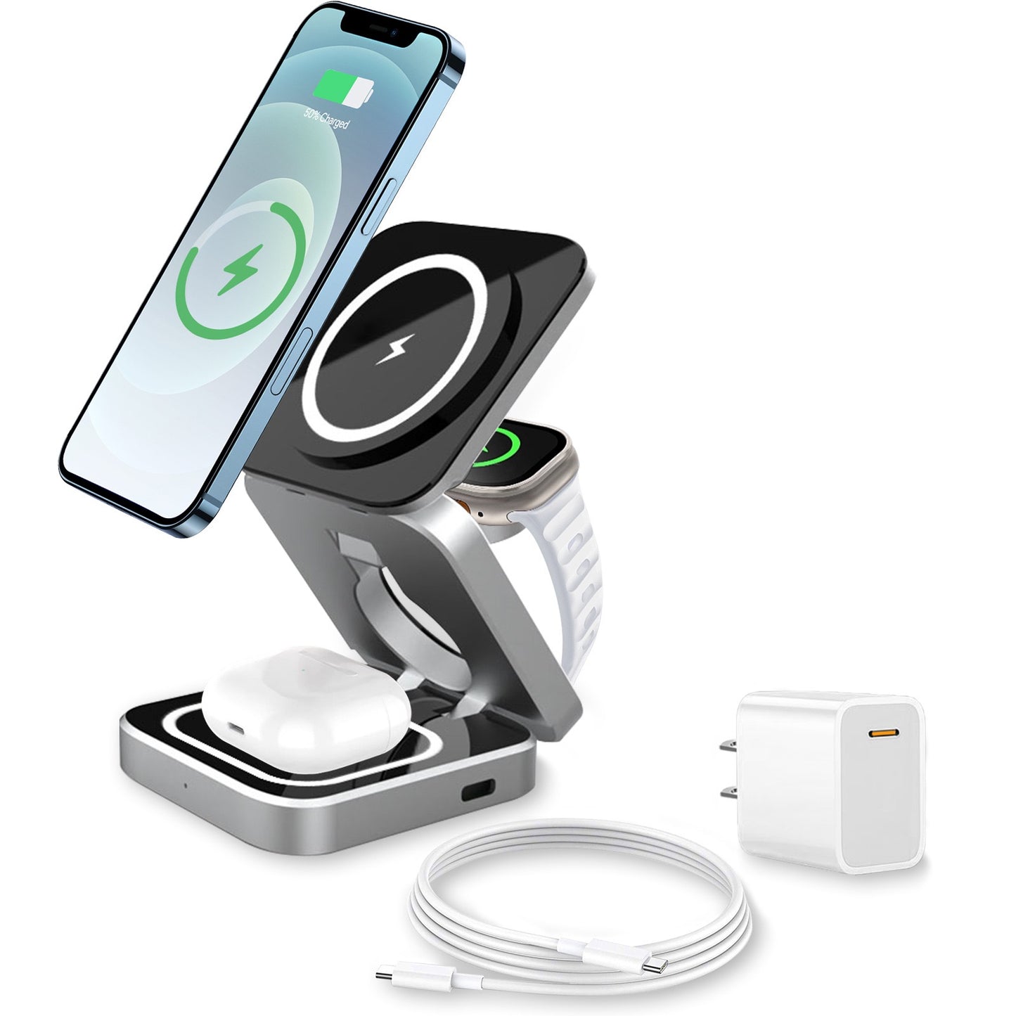 Support de chargeur magnétique sans fil, station de charge rapide pour iPone 15 14 13 12 Pro Max 8 X iWatch 8 7 6 Airpods Pro, 30W, 3 en 1